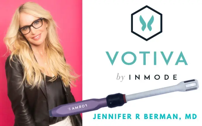 A promotional image featuring a woman with blonde hair wearing glasses and a black leather jacket next to a logo labeled "votiva by inmode" and a medical device, with the name "Jennifer R
