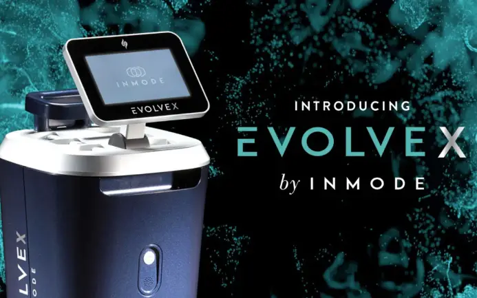 A sleek, modern medical device against an artistic blue backdrop with the text "Introducing EvolveX by InMode: Sexual Health Expert in Los Angeles.