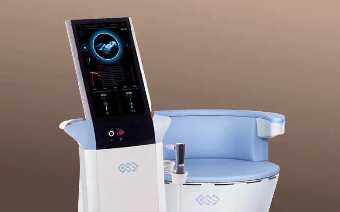 Modern medical chair with integrated diagnostic touchscreen display, designed by a Sexual Health Expert in Los Angeles.
