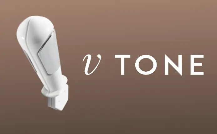 Modern minimalistic design of a white in-ear headphone with the brand's logo "v tone" on a sleek brown background, curated by a Sexual Health Expert in Los Angeles.