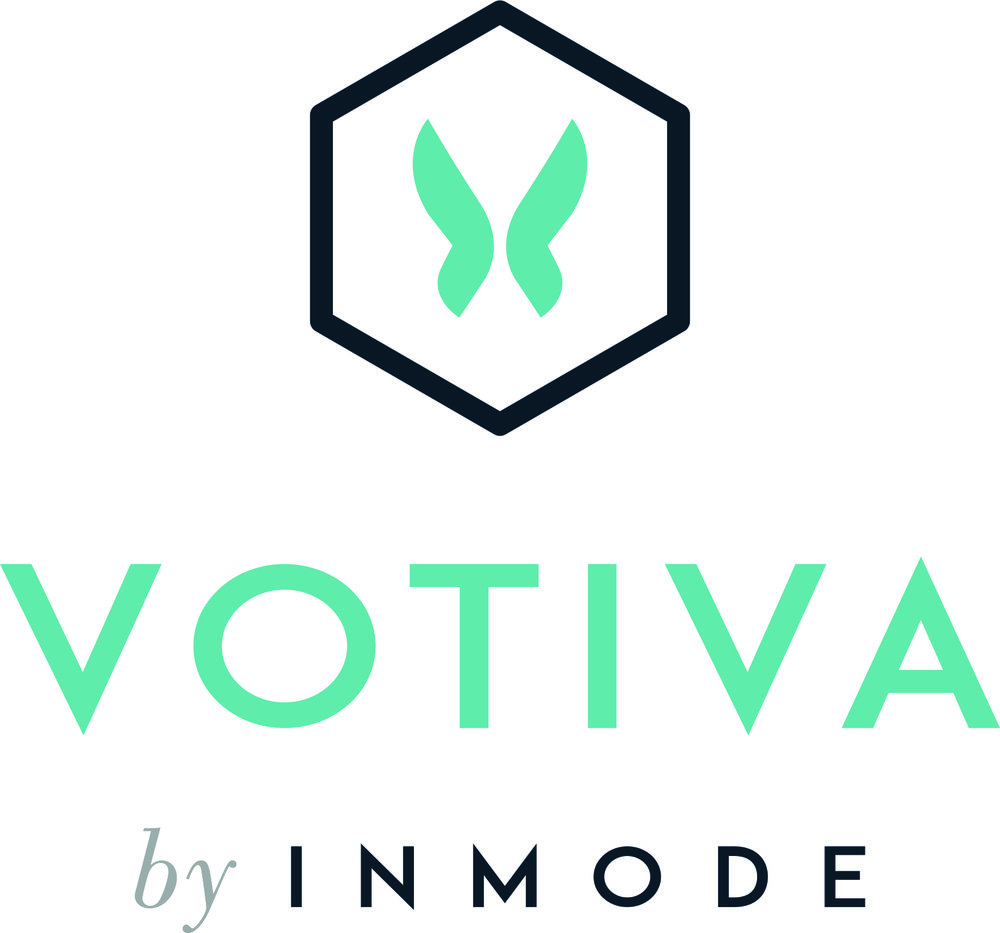The image displays the logo for "Votiva by Inmode," featuring a stylized representation of a pair of green leaves inside a hexagon above the brand name, with "by Inmode