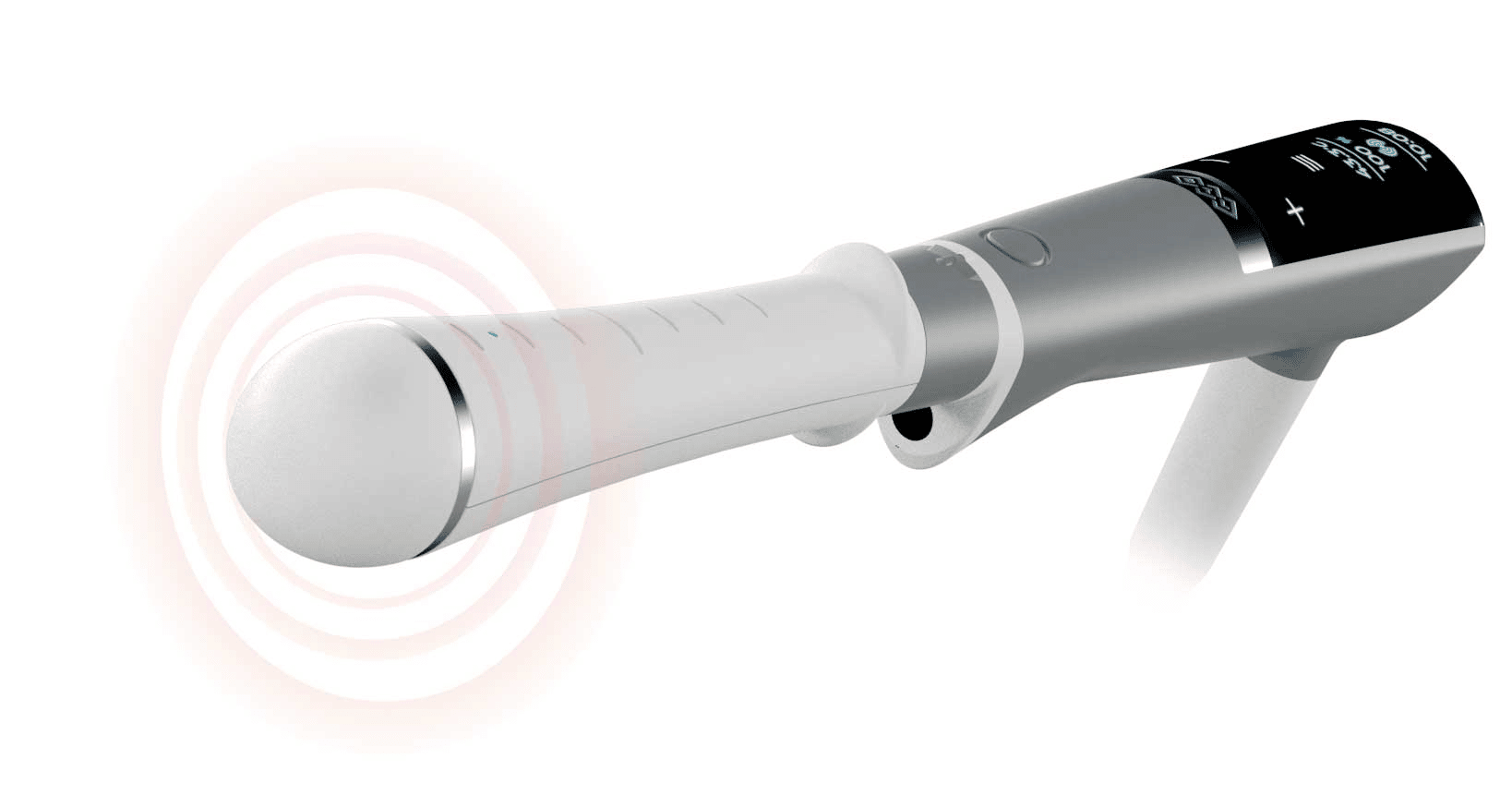 Illustration of a handheld massaging device with vibration waves indicating its function for vaginal rejuvenation.