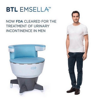 A man stands beside the EMSELLA™ chair, now FDA cleared for pelvic floor therapy in treating urinary incontinence in men.