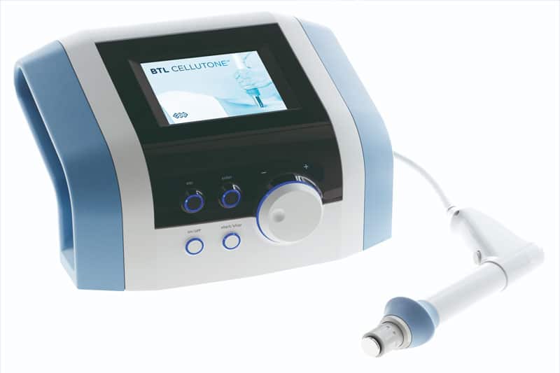 Professional aesthetic device for cellulite treatment and skin tightening with a digital interface and handpiece, designed by a top sexual health specialist in Los Angeles.