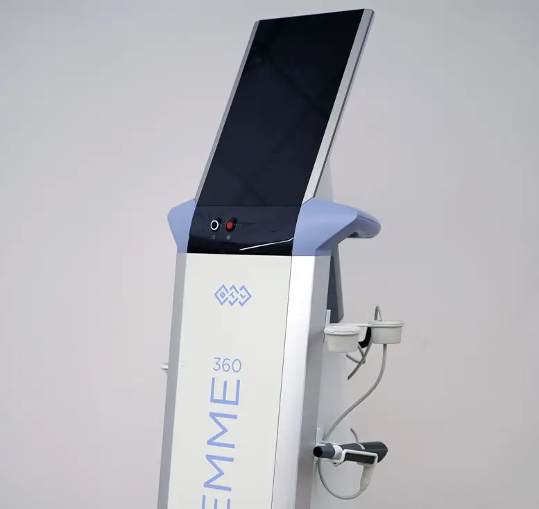 A modern interactive kiosk with a touchscreen display, designed by a sexual health expert in Los Angeles, and peripheral devices.