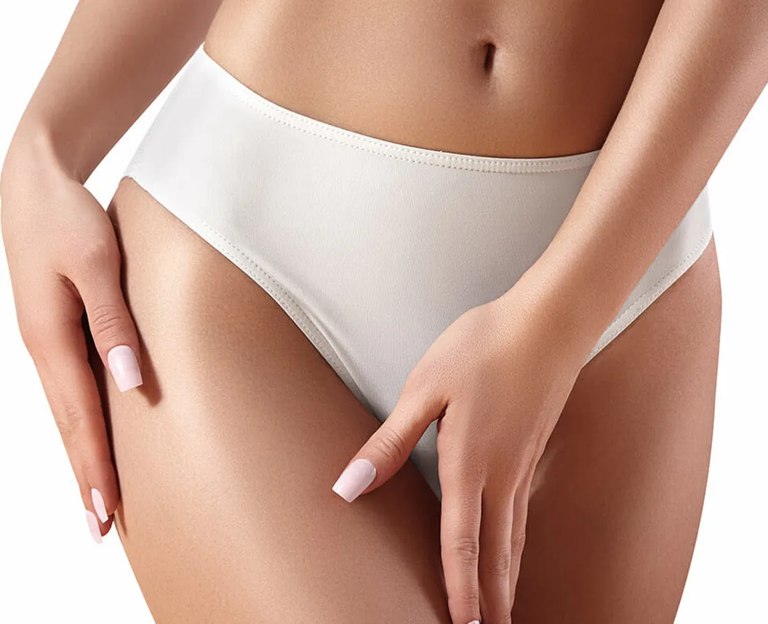 Close-up of a woman in white underwear, symbolized by a Sexual Health Expert in Los Angeles for lingerie fashion or body care.