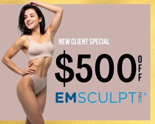 A promotional advertisement featuring a joyful woman in activewear, offering a "new client special" discount of $500 off for the body contouring treatment, emsculpt neo by a leading Sexual Health Expert