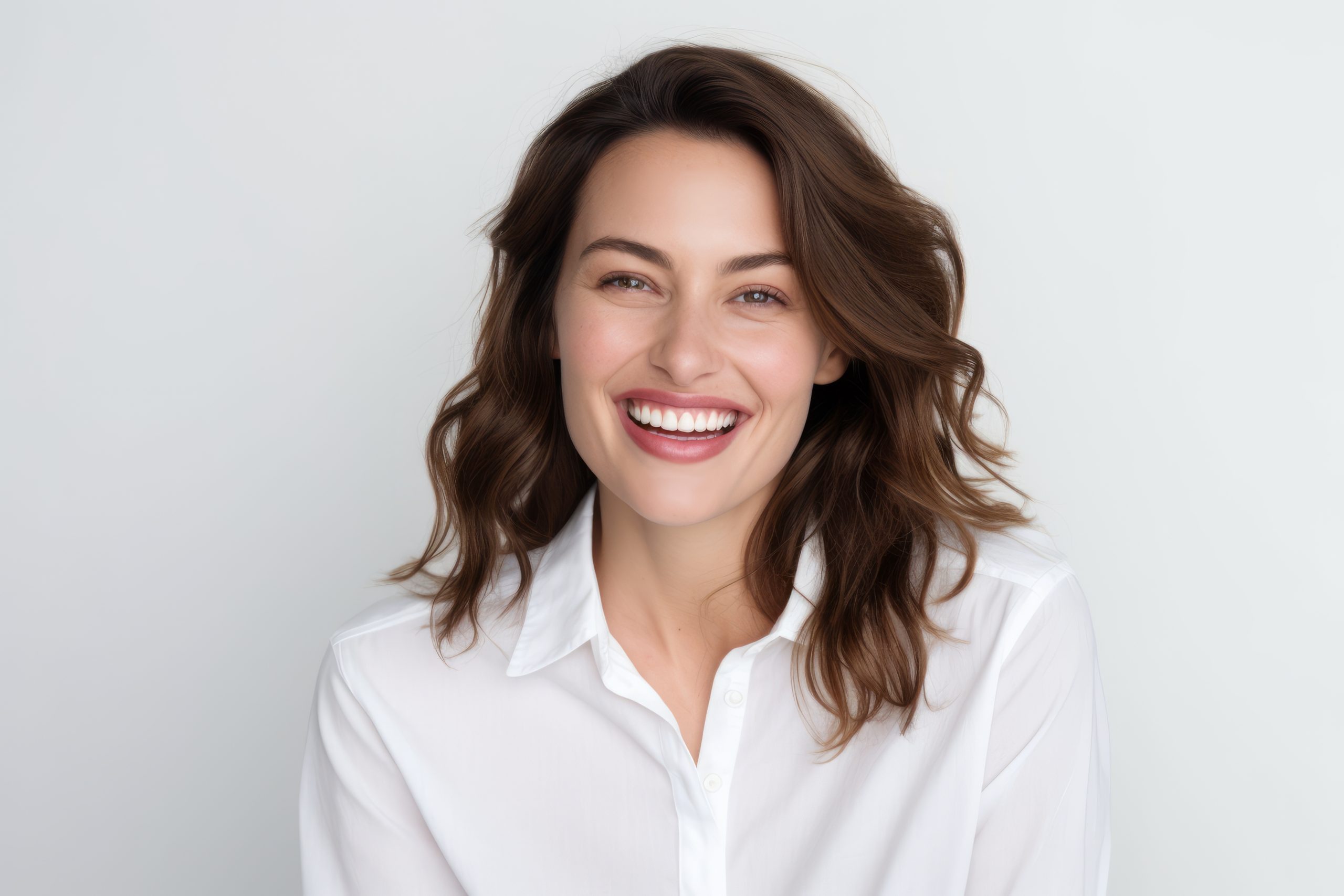 A radiant woman with a joyful smile, recognized as a Sexual Health Expert in Los Angeles, wears a crisp white shirt against a clean, light background.