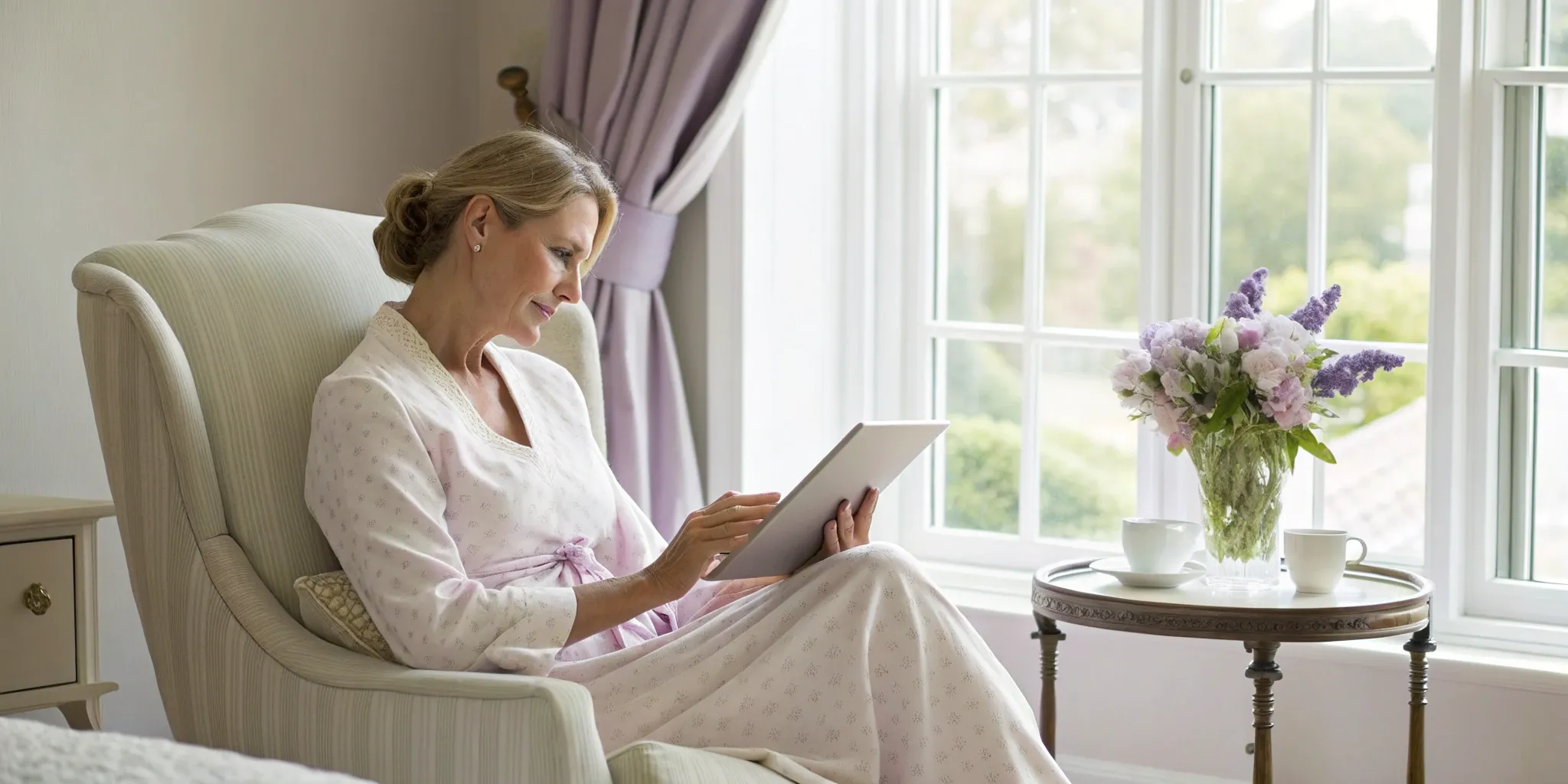 Woman taking a 'Do I need HRT?' quiz on a tablet to check her symptoms.