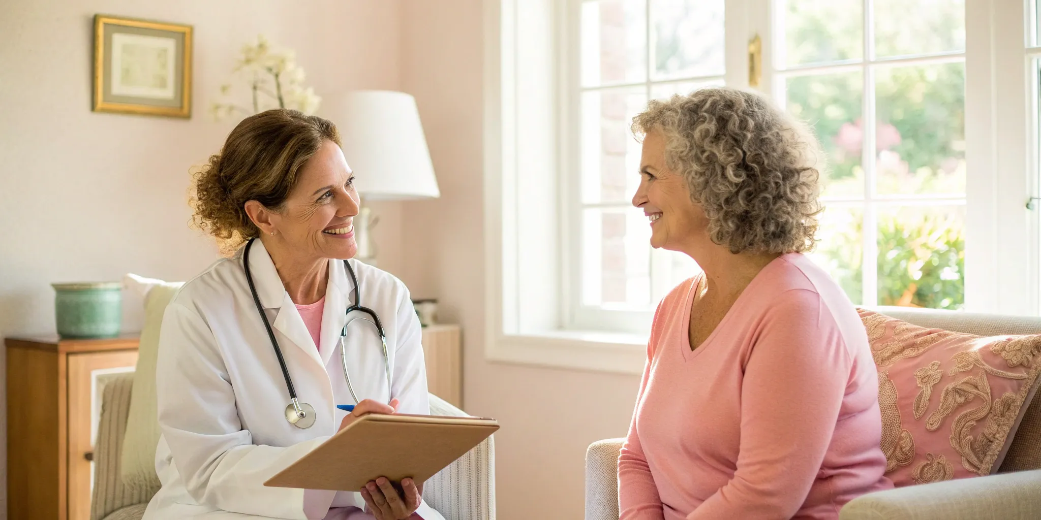 A woman and her doctor discussing the cancer risks of hormone replacement therapy.