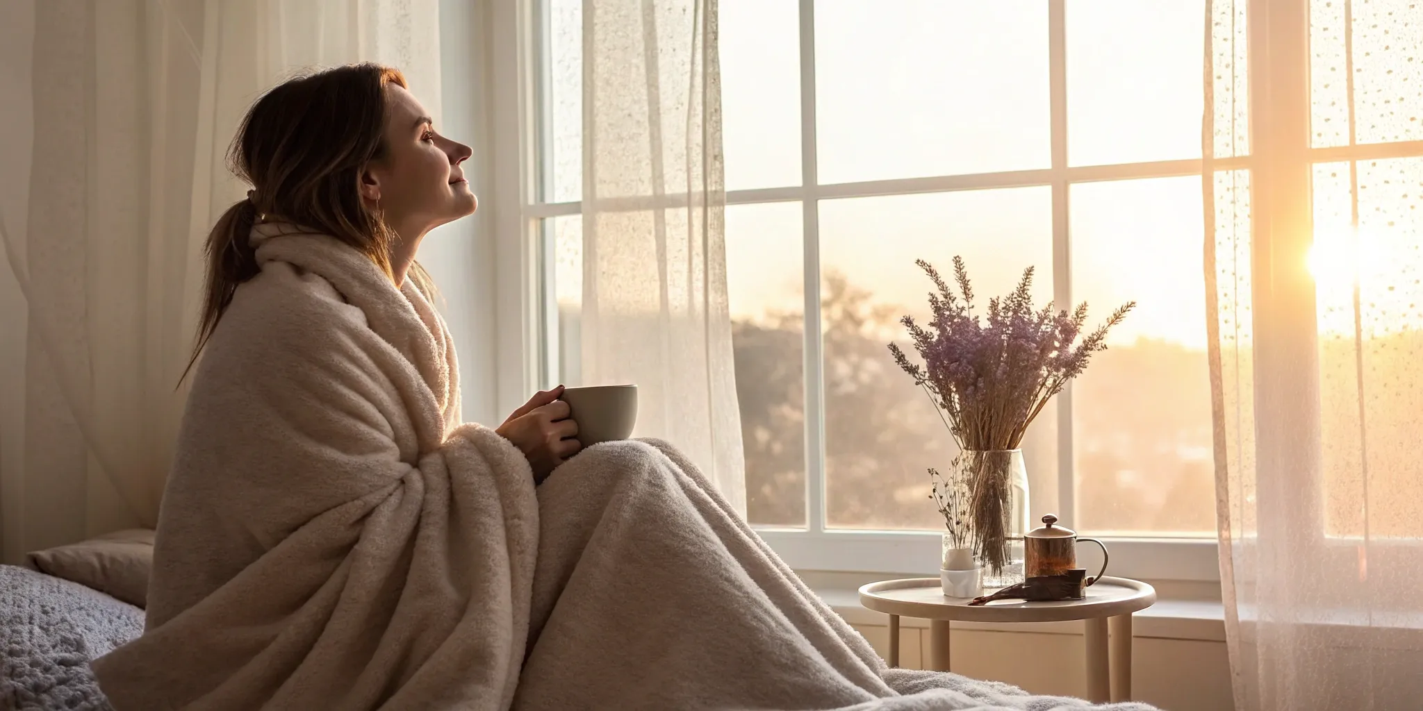 Woman with a blanket by a window experiencing symptoms of hot flashes.