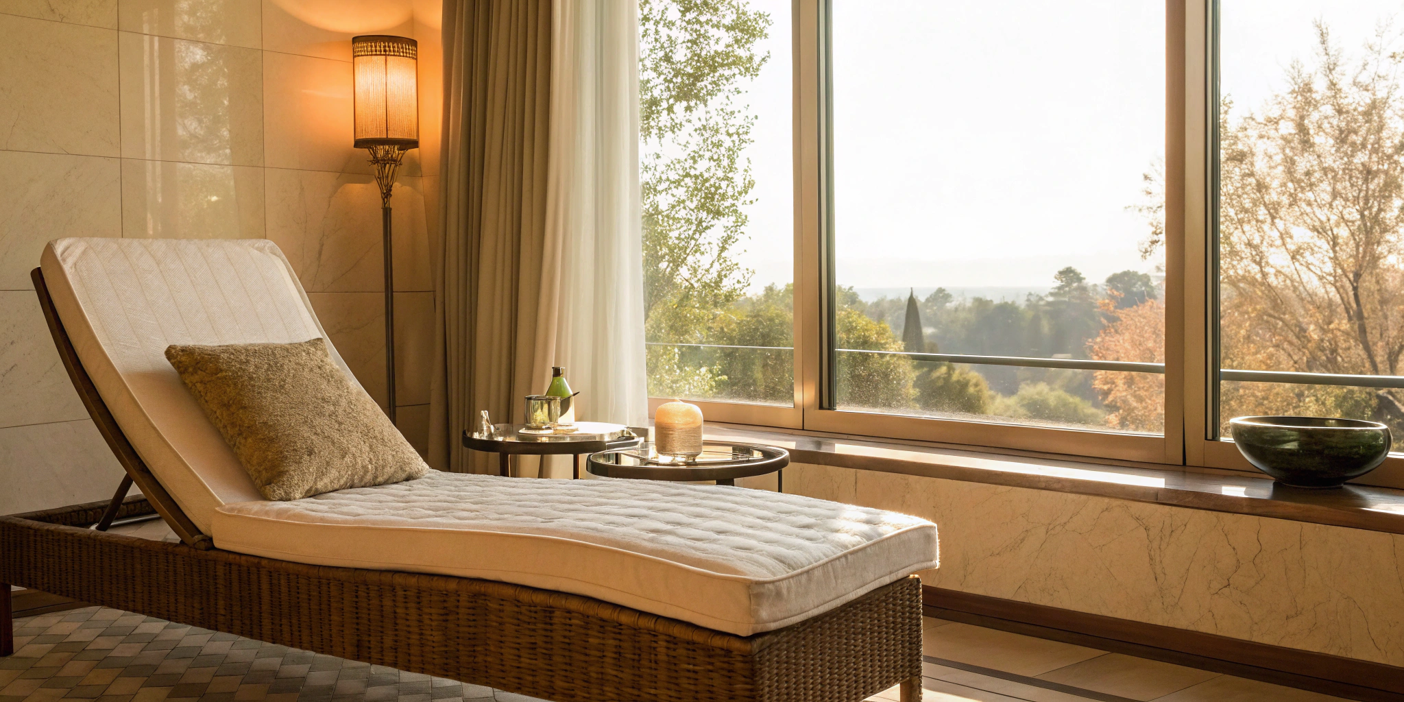 A spa lounge chair in a serene setting to consider how long body contouring results last.