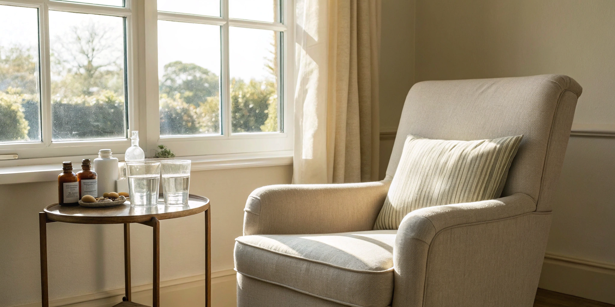 HRT medicine bottles on a side table, showing the monthly cost of treatment.