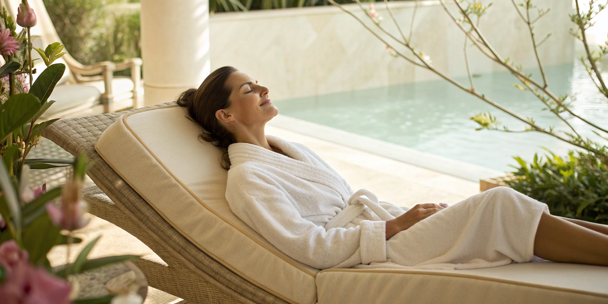 Woman in a spa robe relaxing, a key benefit considered in non-surgical vaginal rejuvenation cost.