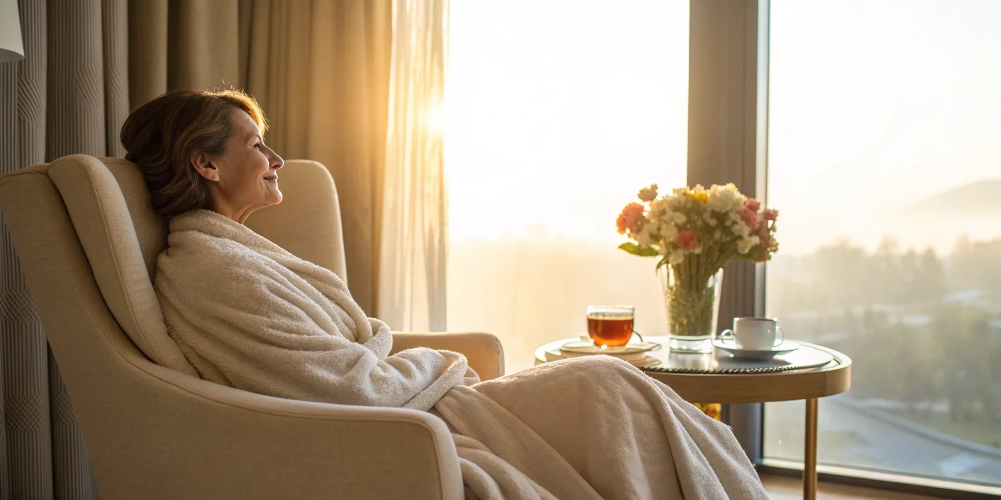 Woman relaxing in a sunlit room, finding relief with an over the counter hot flashes treatment.