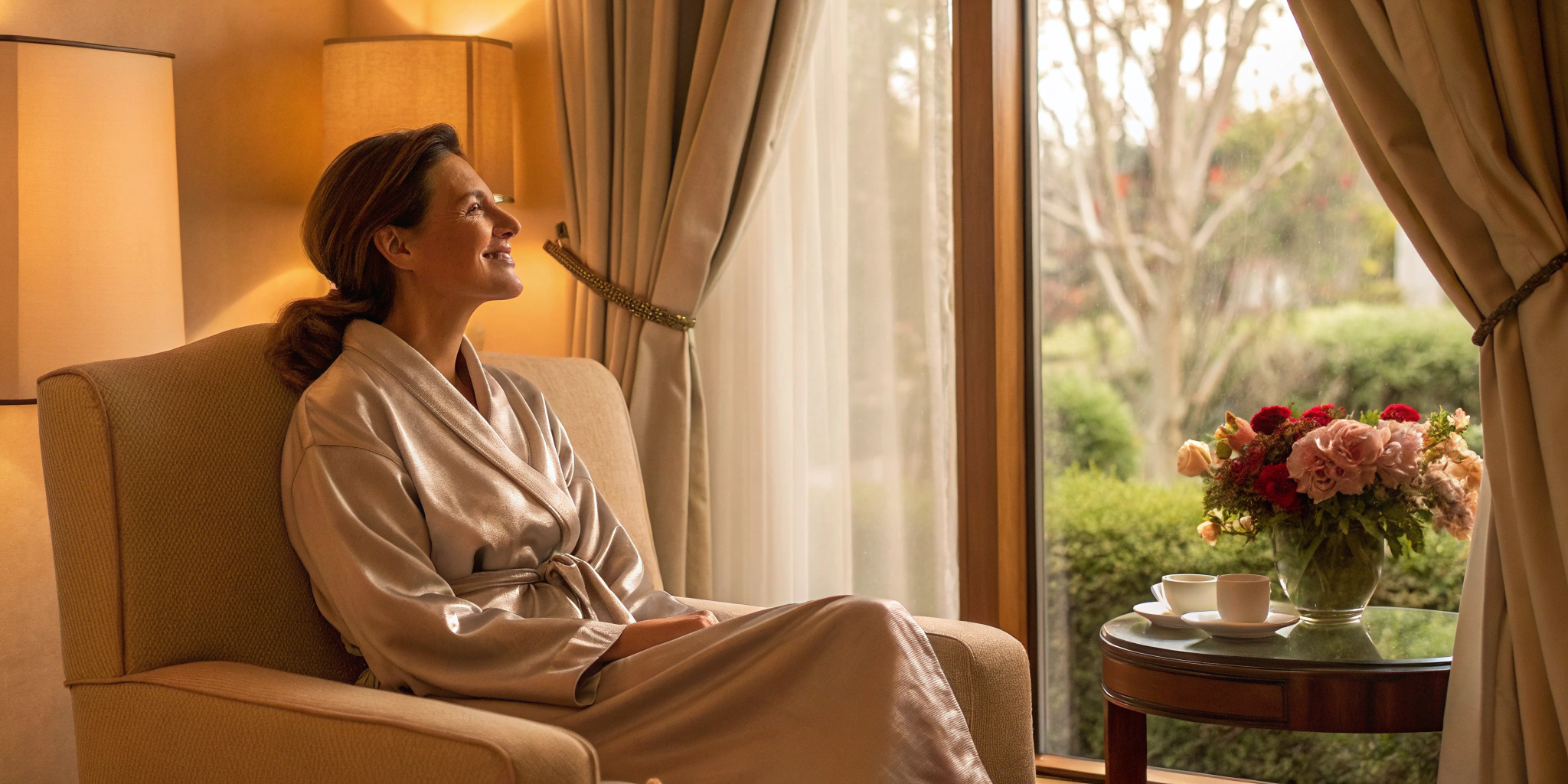 Woman in a robe relaxing by a window, a key step in how to increase female arousal.