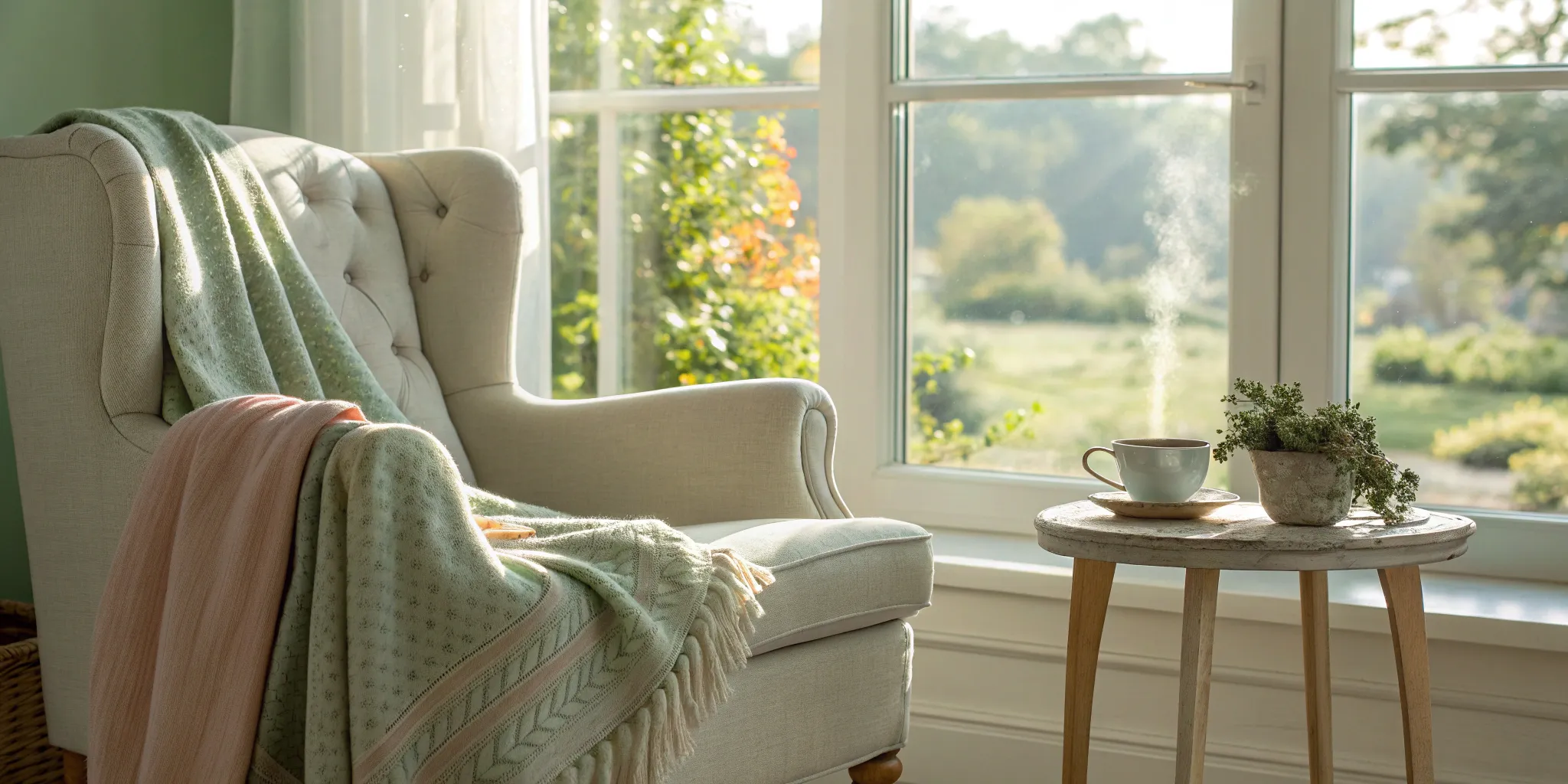 A cup of hot tea in a peaceful setting, a natural treatment for hot flashes.