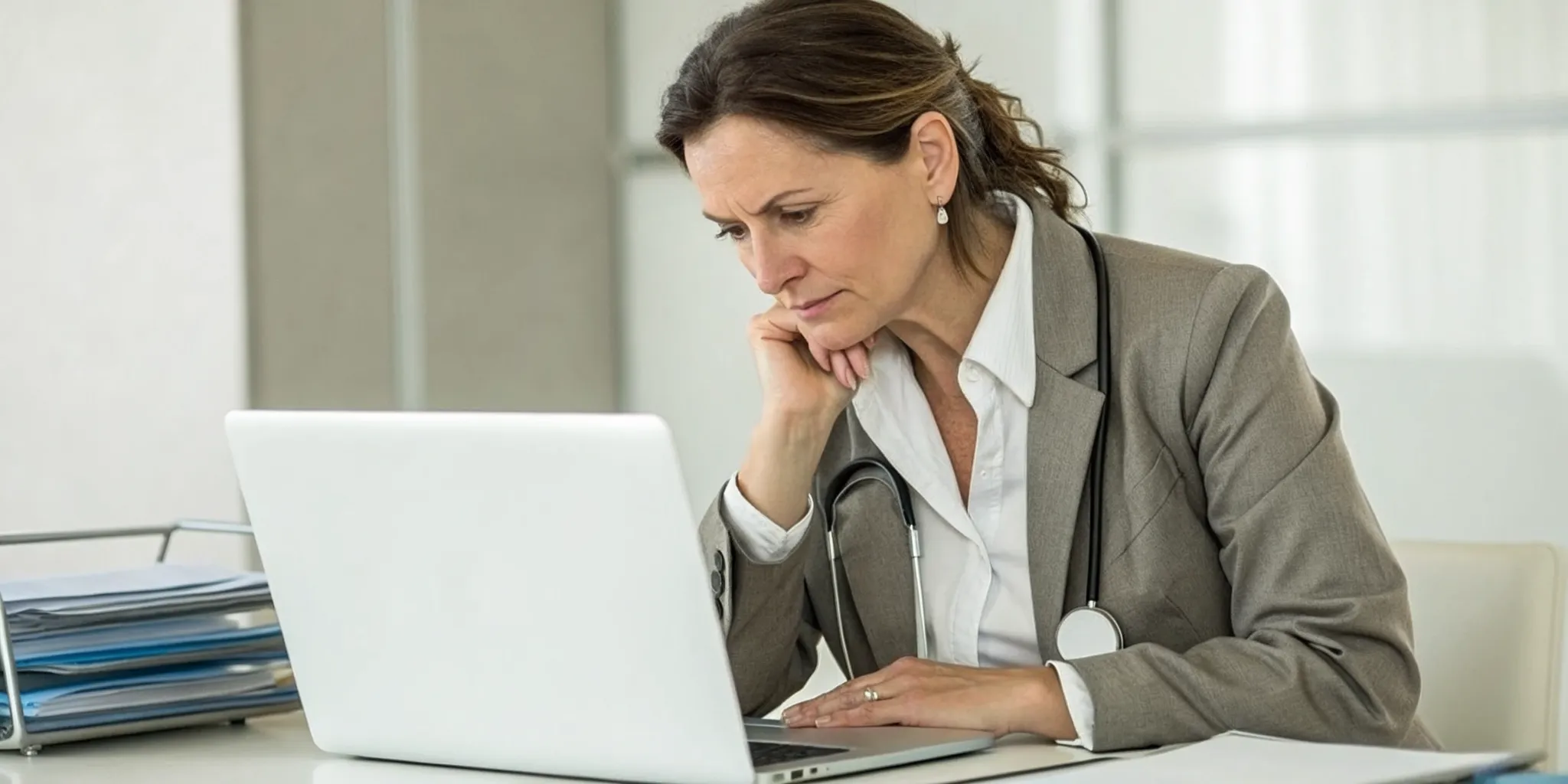 Doctor reviewing common symptoms of perimenopause on a laptop.