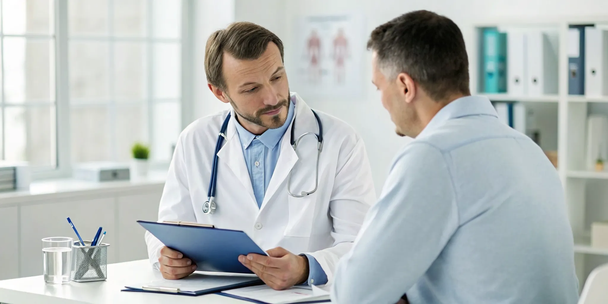 Doctor and patient discussing causes and treatment for sudden stabbing pelvic pain.