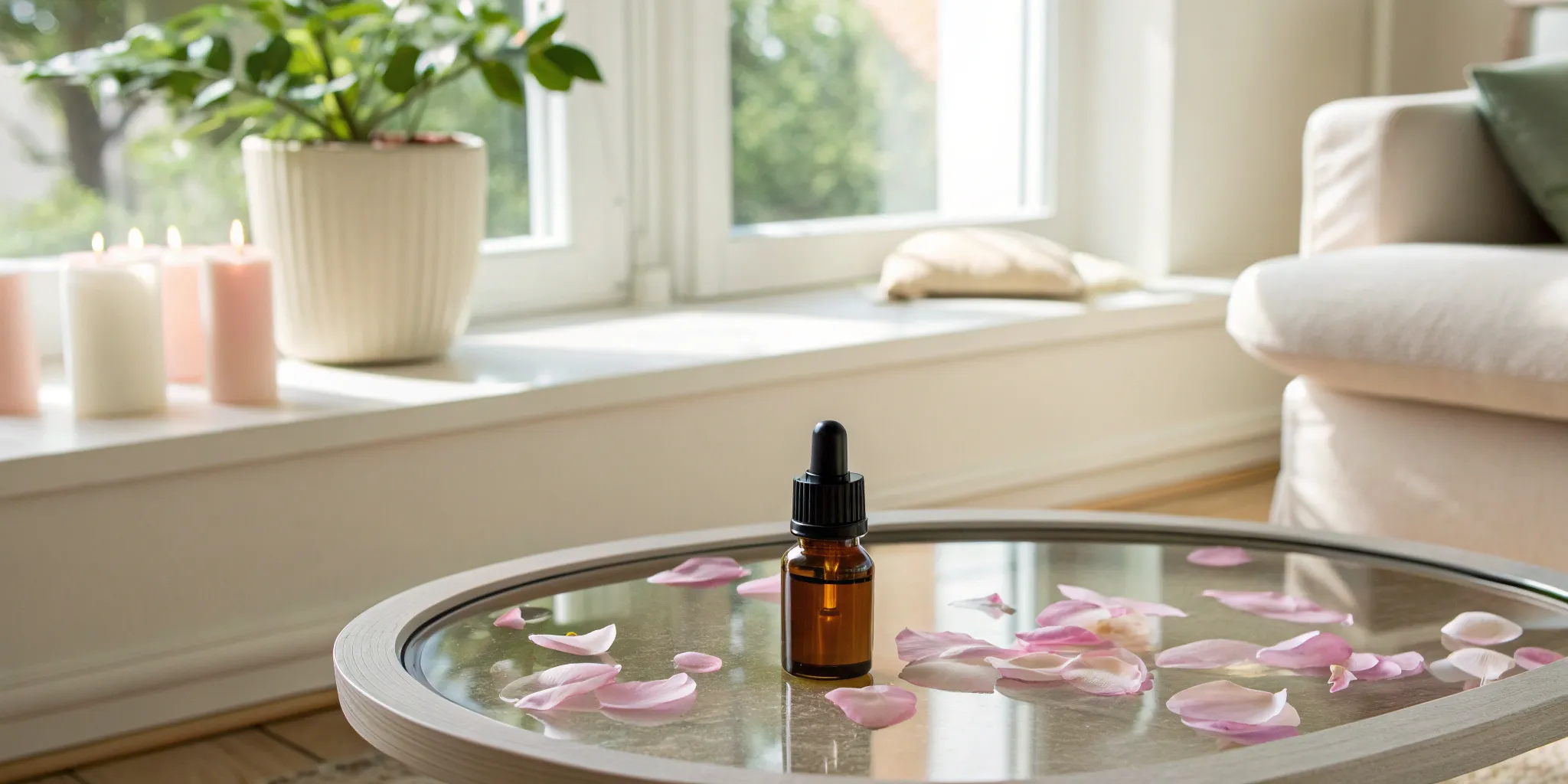 Amber dropper bottle of PT-141 peptide on a glass table with rose petals.